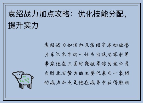 袁绍战力加点攻略：优化技能分配，提升实力